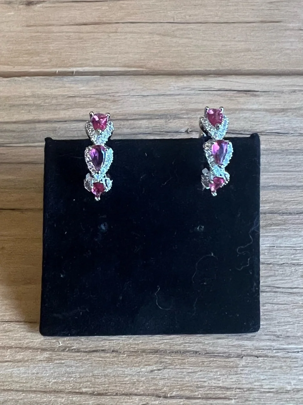Pink Teardrop Shape Hoop Earrings with Clear Accents - Silver Tone Hardware-NWOT